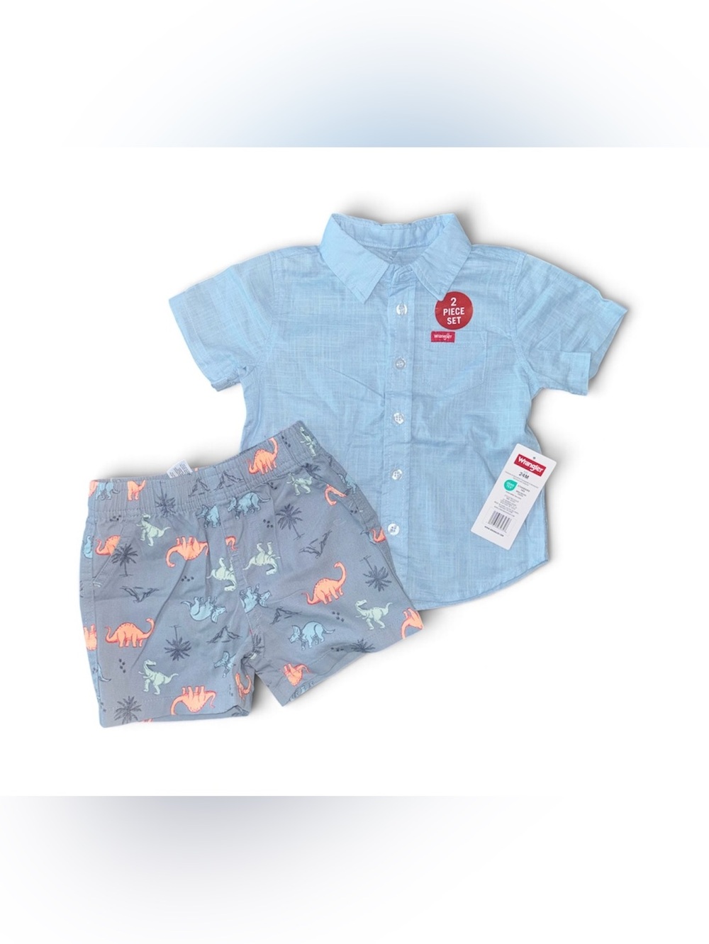 Wrangler Light Blue Shirt with Gray Dino Print Shorts